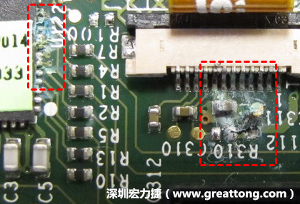 電路板疑似腐蝕氧化，懷疑電流異常過(guò)熱造成