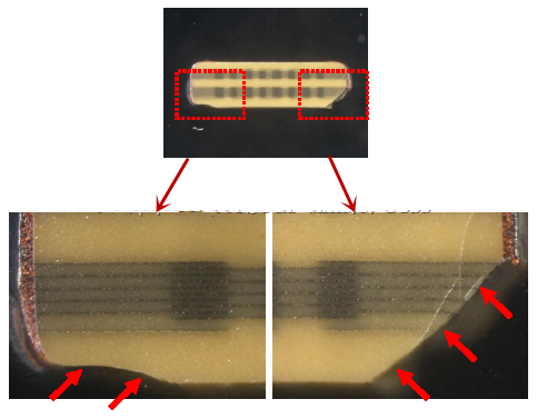 從破裂的現(xiàn)象與電容廠商切片的照片看來，破裂的痕跡從端接處以斜角裂開，電容零件的確像是機(jī)械外應(yīng)力所造成的破裂。