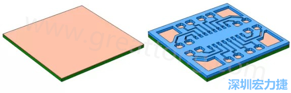 將種子層鍍于PCB板之上(左)。通過光刻法利用光刻膠繪制PCB板圖形(右)-深圳宏力捷
