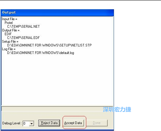 系統(tǒng)彈出一個輸出窗口，點擊 Accept Data。完成后點擊“確定”，再點擊“Done”關閉輸出窗口。退出 Omninet for Windows。