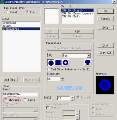 分析文件完成后，點擊菜單Setup→Pad Stacks調(diào)出焊盤堆設(shè)置窗口，將Pad Stack Type改為Via