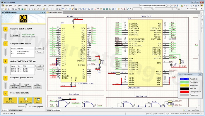 XJTAG DFT Assistant的Access Viewer模式可以清楚地顯示可用的測(cè)試存取層級(jí)，讓電路板設(shè)計(jì)人員在展開PCB布局以前的原理圖擷取階段盡可能地提高測(cè)試存取能力