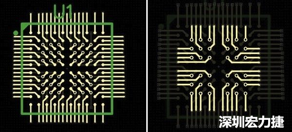 圖4a和4b：從最外層開(kāi)始向中心為不同的BGA圈布線。