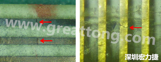 一旦找到確切的銅箔線路斷裂位置，如果還是無法觀察到斷裂的現(xiàn)象，就試著在顯微鏡下彎曲該位置的軟板，這樣就可以突顯并放大斷裂銅箔的開口了。 