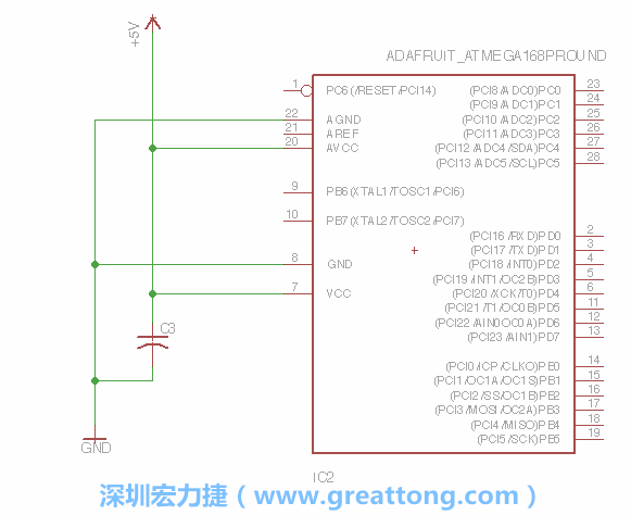 3.1.    新增微控制器晶片（RBBB → ATmega），把它放在電路原理圖的中央附近，把它的兩個接地接頭連接到接地訊號端。