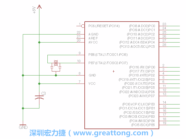 3.2.    在靠近ATmega的電源供應(yīng)針腳7的位置放置一個0.1μF的電容，將它分別連接電源、接地端和針腳7。