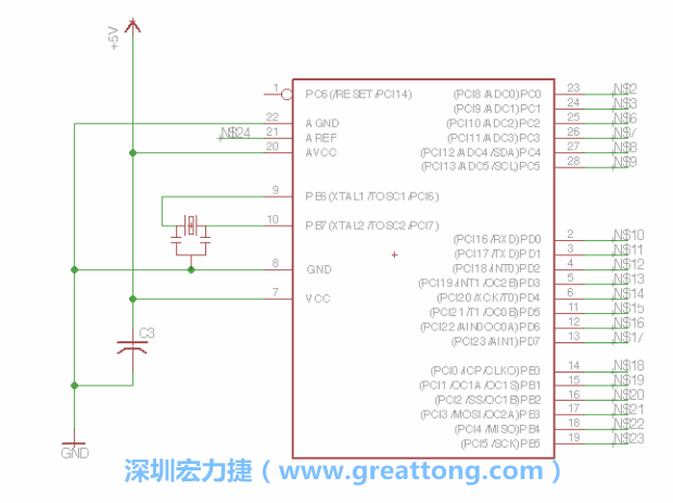 3.3.    將共鳴器（resonator）放置在針腳9和針腳10附近，將它的三個針腳連接如圖所示，并確認最中間的針腳有連到接地端。