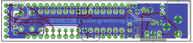 第二篇文章則帶領(lǐng)你進(jìn)行電路板上的布線、連結(jié)點(diǎn)的配置，并利用「設(shè)計(jì)規(guī)則檢查（Design Rule Check）」測試你的設(shè)計(jì)，第二篇文章的電路板設(shè)計(jì)圖將如下所示：