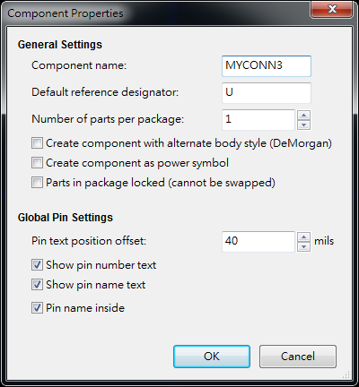 按下工具  "Create a new component"， 出現(xiàn)底下畫面， 按下OK后， 產生MYCONN3/U? 文字重迭在一在， 把它們分開(用mouse選擇并按下"M"， 即可移動)