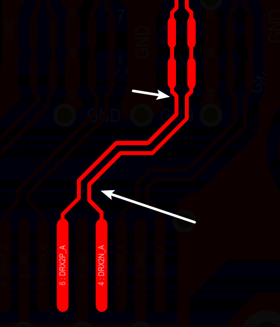 相應(yīng)的要對差分對不匹配的情況作出補償，使其線長匹配，長度差通常控制在5mil以內(nèi)