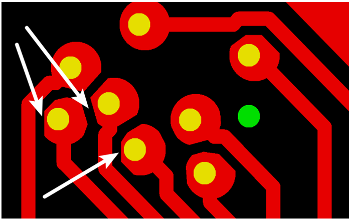按源文件文件數(shù)據(jù)計算，孔邊緣到線邊緣6mil，孔環(huán)4mil，環(huán)到線只有2mil，保證環(huán)到線之間有3mil的安全間距需削1mil焊環(huán)，削后焊盤只有3mil