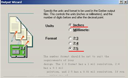 在上圖中選擇“Inches 2：5”，以確保資料精度，反之線寬、線距或孔有偏移現(xiàn)象