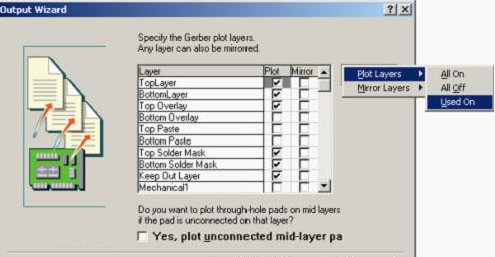 按“Next”，點(diǎn)擊“Menu”將Plot Layers置為Used On，Mirror Layers置為All Off后按“Next”