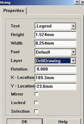 7. 放置分孔圖，按“P、S”在圖形的右下角放置一字符串，并雙擊打開(kāi)，將Text改為。Legend；Layer改為DrillDrawing即可